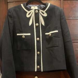 Elegant Navy Blue Women's holiday bow Jacket with White Trim